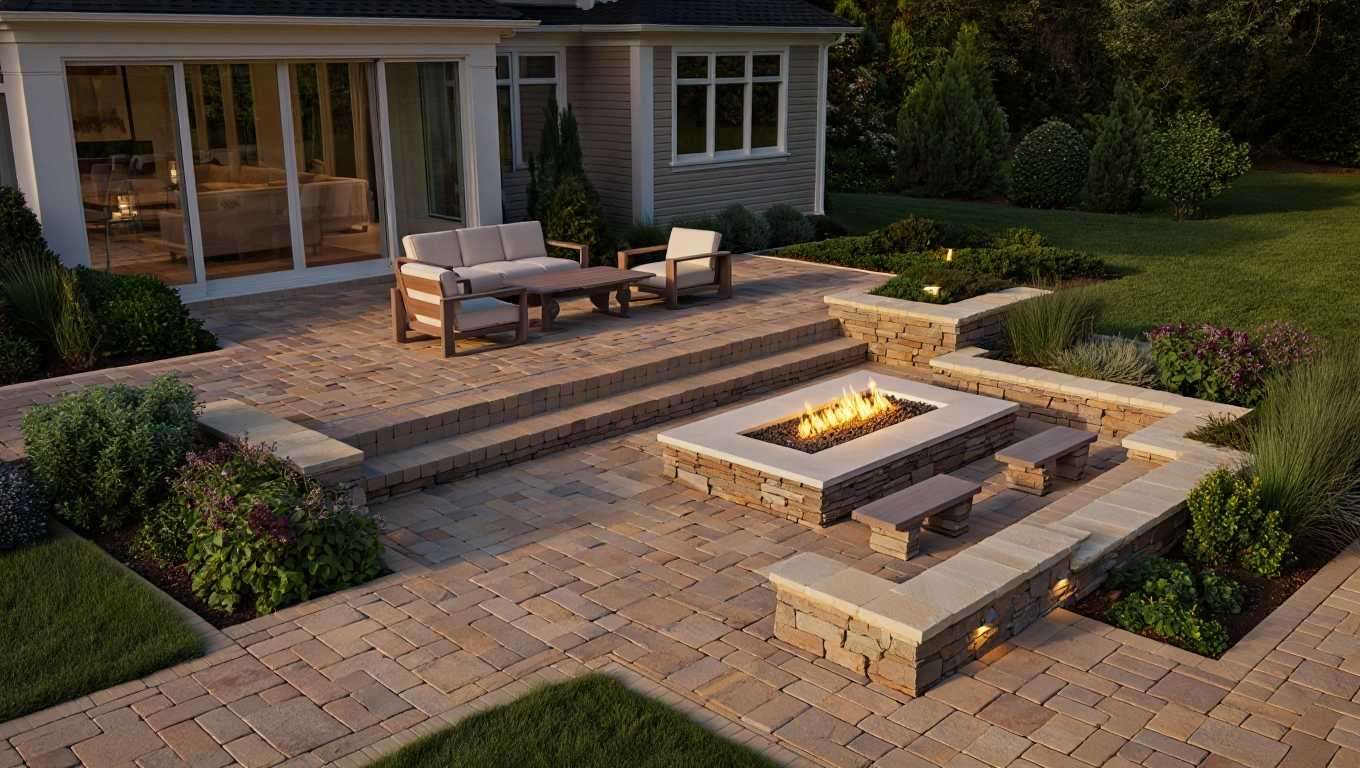 outdoor tile patio with firpit