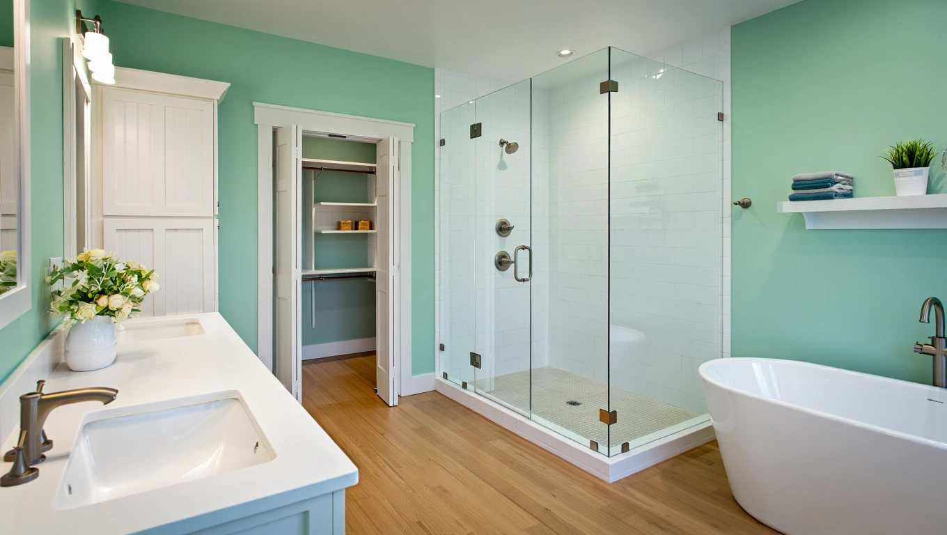 Bathroom remodel with glass wall walk in shower