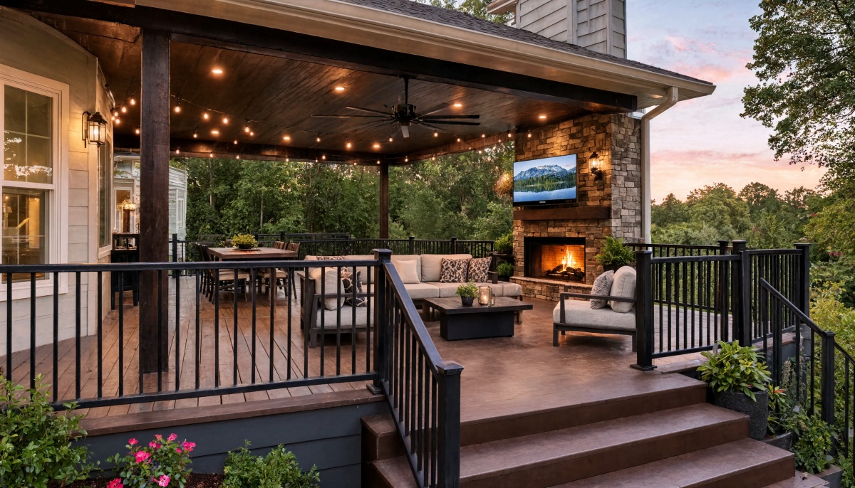 Covered Deck Ideas home with roof extension over deck connected to fireplace