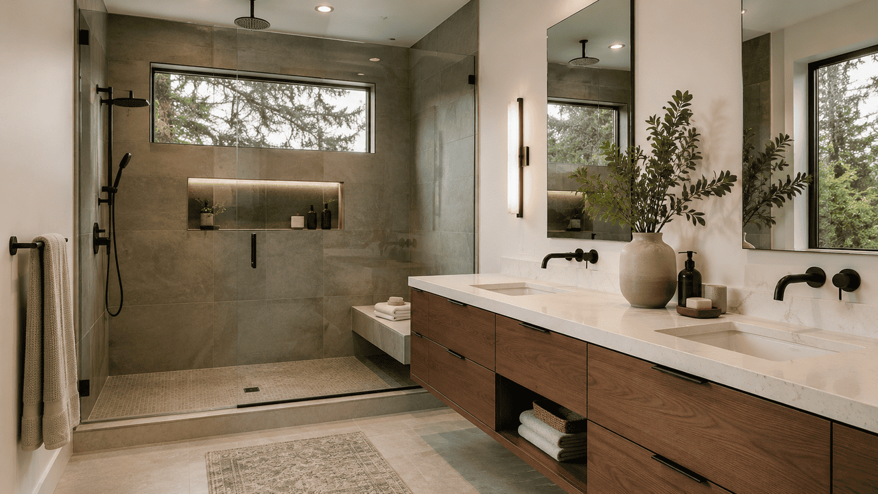 Luxury bathroom remodel with walk-in shower and floating vanity