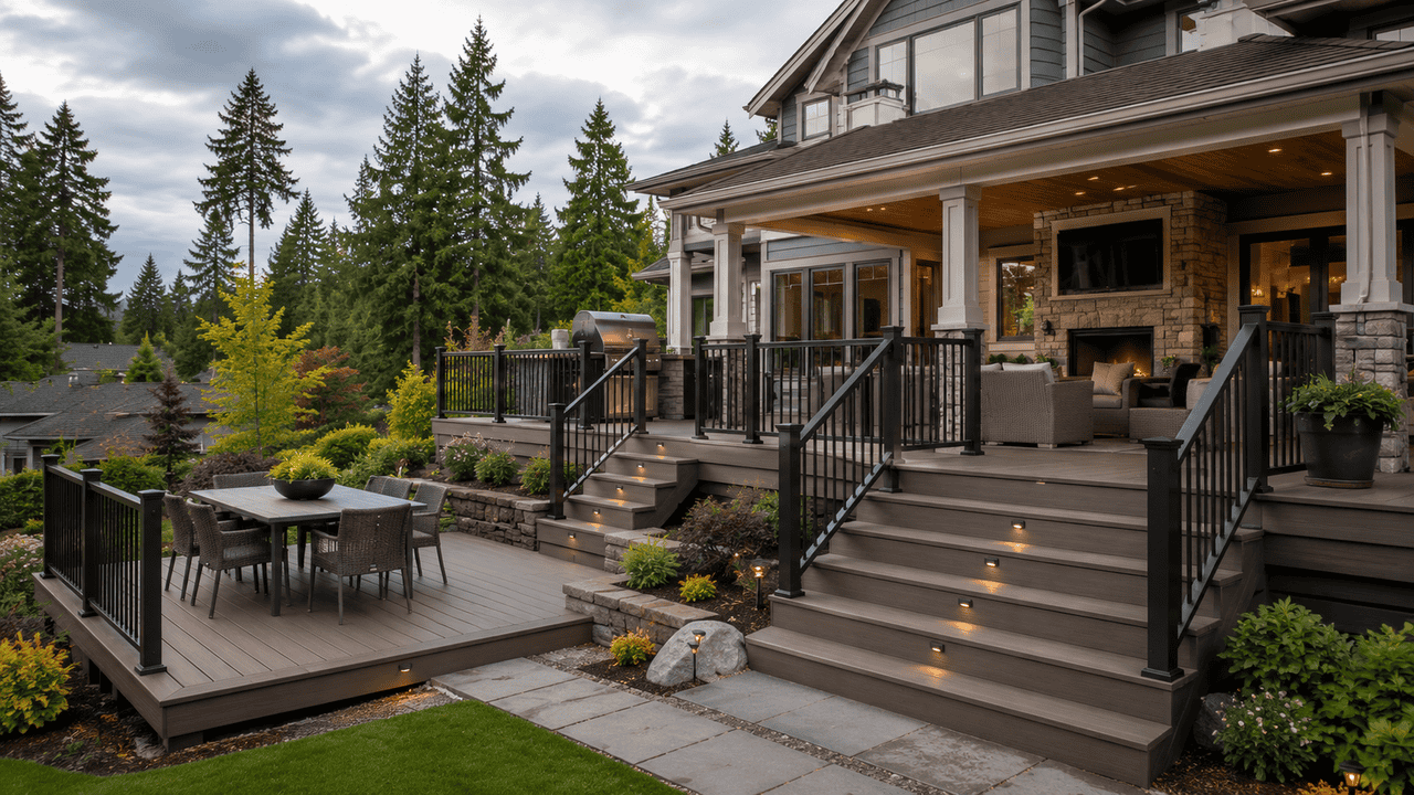Large composite deck designed for outdoor living