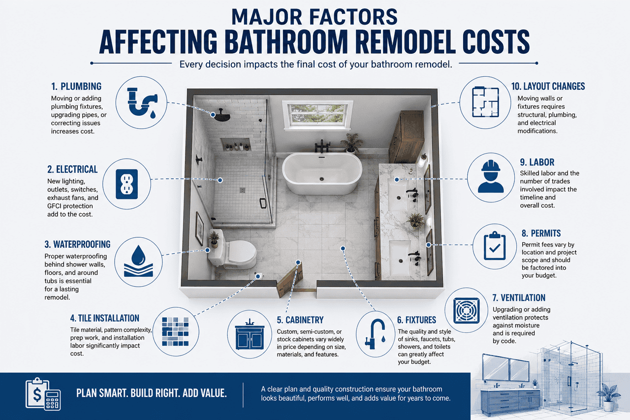 Infographic showing the biggest bathroom remodeling cost factors