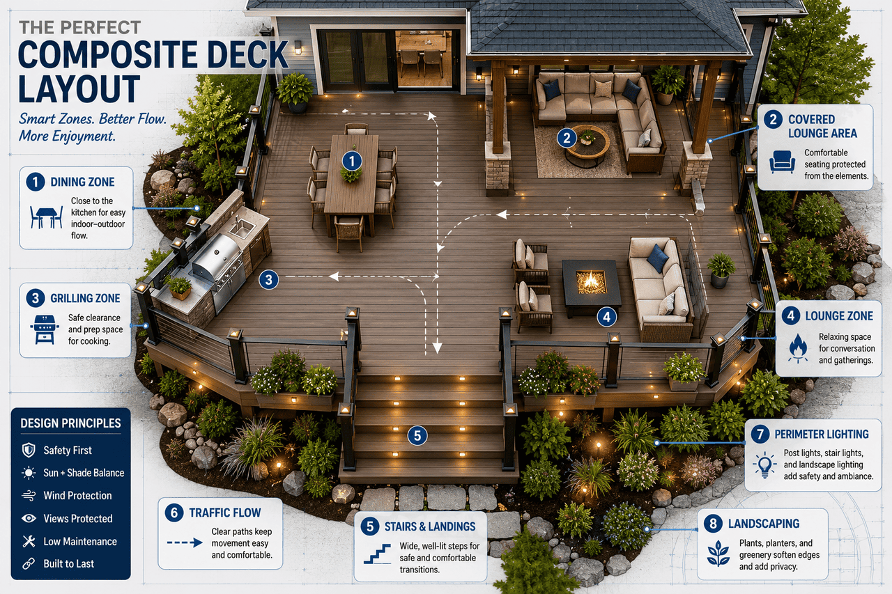 Composite Deck planning infographic for outdoor living spaces