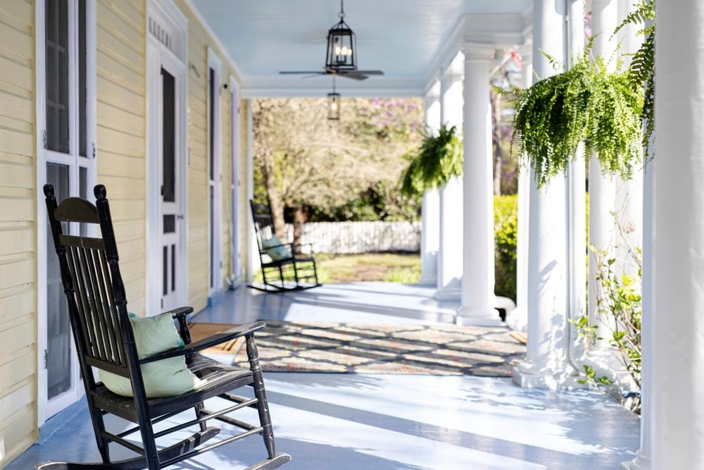 Porch stairs, decking, posts, and railing detail
