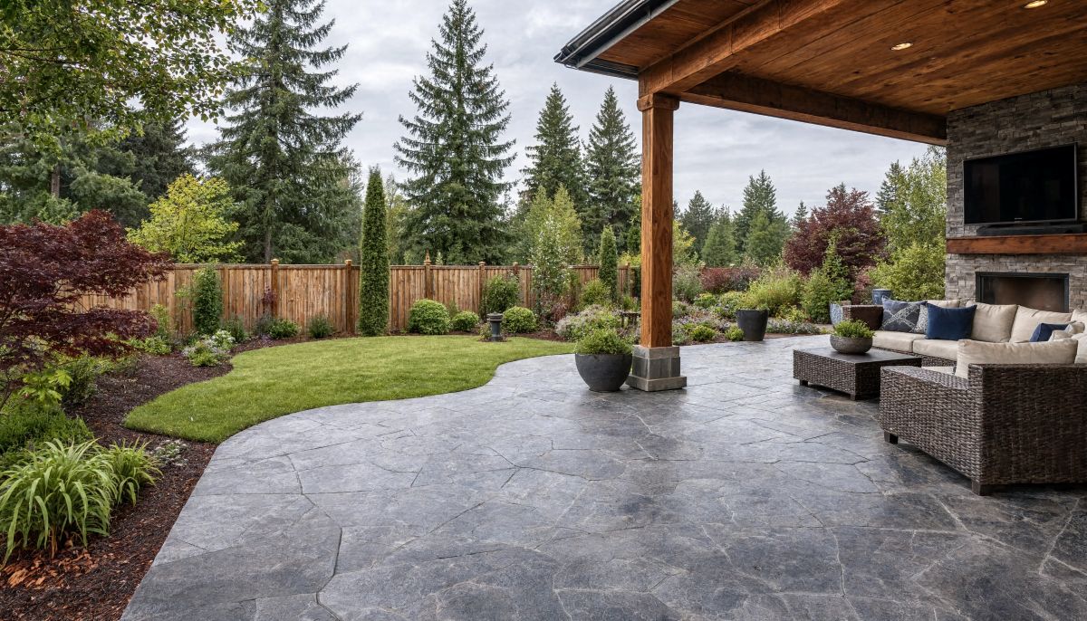 Stamped Concrete Patio with fresh landscaping on Washington home