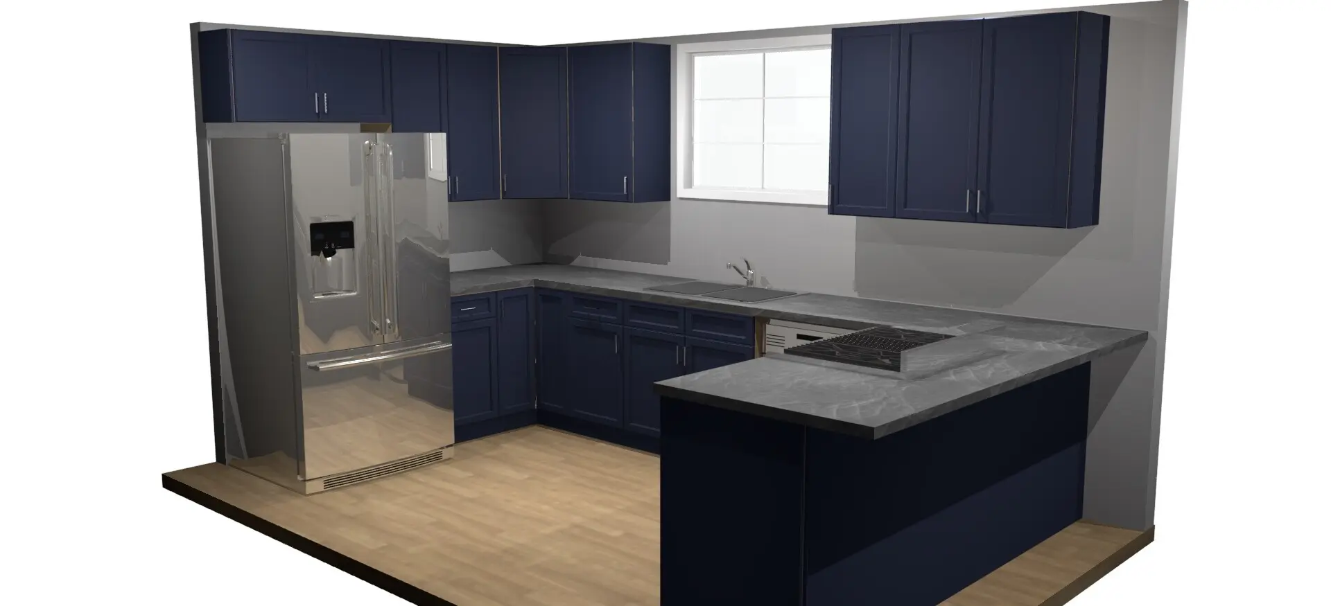 Kitchen remodeling rendering showing cabinetry and island